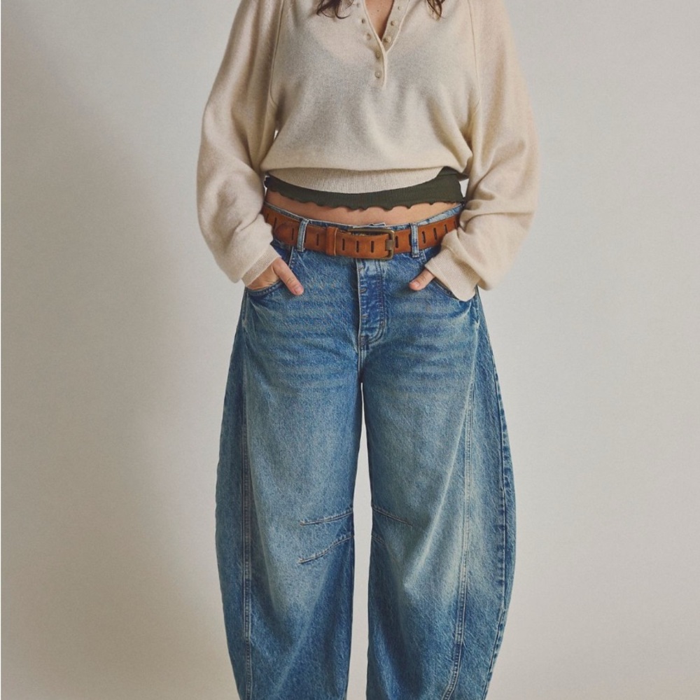 Free People Blue Wide-Leg Distressed Jeans